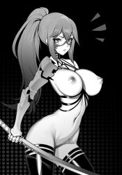 Rule 34 | 1girl, artist name, brassica, breasts, collarbone, commission, greyscale, highres, holding, holding sword, holding weapon, katana, large breasts, long hair, mechanical arms, monochrome, navel, nipples, o-ring, original, parted lips, ponytail, single mechanical arm, solo, sword, thighhighs, weapon