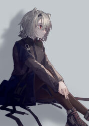 Rule 34 | 1girl, absinthe (arknights), absurdres, animal ears, arknights, bear ears, bear girl, black footwear, black jacket, black thighhighs, commentary request, foot out of frame, grey background, grey hair, hairband, highres, jacket, knee up, layered sleeves, long sleeves, miike (992058), own hands together, parted lips, red eyes, short hair, short over long sleeves, short sleeves, sitting, solo, thighhighs