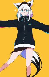 Rule 34 | 1girl, ahoge, animal ears, aqua eyes, black hairband, black hoodie, black shirt, commentary, fox ears, fox girl, fox tail, hairband, highres, hololive, hood, hoodie, long sleeves, looking at viewer, outstretched arms, parted lips, pentagram, shirakami fubuki, shirakami fubuki (loungewear), shirt, solo, spread arms, symbol-only commentary, tail, tomo p, virtual youtuber, white hair, yellow background