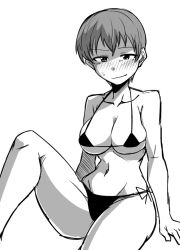 Rule 34 | 10s, 1girl, bikini, blush, breasts, cleavage, girls und panzer, greyscale, looking at viewer, micro bikini, mimuni362, monochrome, naomi (girls und panzer), navel, short hair, sitting, solo, swimsuit