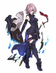 Rule 34 | 1girl, armor, armored boots, armpits, boobplate, boots, breastplate, closed mouth, fate/grand order, fate (series), full body, hair over one eye, high heel boots, high heels, highres, holding, holding shield, looking at viewer, magic, mash kyrielight, one eye covered, pink eyes, pink hair, sheath, sheathed, shield, short hair, solo, standing, sword, teshima nari, vambraces, walking, weapon
