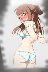 Rule 34 | 1girl, absurdres, anafuchi, ass, blush, bra, breasts, brown hair, embarrassed, highres, kagari atsuko, little witch academia, looking at viewer, medium hair, open mouth, panties, red eyes, short ponytail, small breasts, solo, standing, underwear, undressing