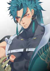 Rule 34 | 1boy, aqua hair, black shirt, blush, character request, closed mouth, earrings, haiki (tegusu), highres, jewelry, large pectorals, long hair, male focus, muscular, muscular male, nipples, pectorals, shirt, simple background, solo, torn clothes, wuthering waves, yellow eyes