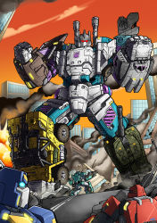 Rule 34 | blue eyes, bruticus, building, clenched hands, cloud, commentary, decepticon, english commentary, gun, highres, holding, holding gun, holding weapon, looking up, mad project, mecha, no humans, orange sky, red eyes, robot, science fiction, sky, skyscraper, smoke, solo focus, transformers, weapon, western comics (style)