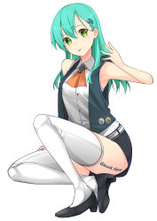 Rule 34 | 10s, 1girl, :p, absurdres, alternate costume, aqua hair, hair ornament, high heels, highres, kantai collection, long hair, max melon, smile, solo, suzuya (kancolle), thighhighs, tongue, tongue out, twitter username, white thighhighs