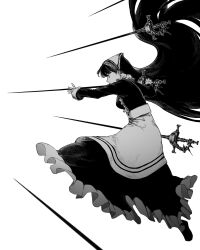 Rule 34 | 1girl, apron, attack, breasts, center frills, charging forward, commentary, covered mouth, dress, english commentary, floating, floating hair, floating object, floating sword, floating weapon, frilled dress, frills, from side, full body, greyscale, headdress, highres, holding, holding sword, holding weapon, lace-trimmed headwear, lace trim, long hair, long sleeves, looking ahead, making-of available, mary janes, medium breasts, monochrome, multiple swords, original, outstretched arms, profile, rapier, shoes, simple background, solo, standing, standing on one leg, sword, very long hair, waist apron, weapon, zero808w
