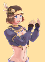 Rule 34 | 1girl, :d, absurdres, adventurer (ff11), black gloves, blue eyes, blue pupils, breasts, brown hair, cactus41747280, cleavage, cropped jacket, fang, final fantasy, final fantasy xi, fingerless gloves, gloves, gold trim, hands up, highres, jacket, juliet sleeves, long sleeves, medium breasts, midriff, mithra (ff11), navel, open mouth, puffy sleeves, purple jacket, purple tube top, short hair, smile, solo, strapless, tube top, yellow background