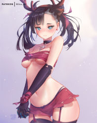 Rule 34 | 1girl, antlers, aqua eyes, asymmetrical bangs, asymmetrical hair, bad id, bad pixiv id, bare shoulders, black gloves, black hair, black thighhighs, blush, breasts, character name, choker, collarbone, commentary request, cosplay, creatures (company), dusk ball, earrings, elbow gloves, fur trim, game freak, gen 5 pokemon, gloves, hair ornament, hair ribbon, holding, holding poke ball, horns, jewelry, looking at viewer, marnie (pokemon), medium breasts, mitsu (mitsu art), navel, nintendo, open clothes, panties, poke ball, pokemon, pokemon swsh, red panties, red ribbon, ribbon, sarashi, sawsbuck, sawsbuck (cosplay), sawsbuck (winter), simple background, thighhighs, twintails, underwear