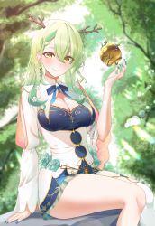 Rule 34 | 1girl, antlers, apple, blush, braid, breasts, ceres fauna, cleavage, dress, earrings, flower, food, french braid, fruit, golden apple, green nails, grey hair, hair flower, hair ornament, highres, hololive, hololive english, horns, jewelry, large breasts, leaf, long hair, looking at viewer, mintz912, mole, mole under eye, nail polish, single thighhigh, sitting, smile, solo, thighhighs, thighs, tree, virtual youtuber, yellow eyes