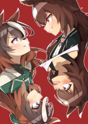 Rule 34 | 2girls, absurdres, animal ears, bare shoulders, black jacket, blush, brown hair, closed mouth, commentary request, ear ornament, green necktie, green shirt, grin, highres, horse ears, horse girl, jacket, kotatudogs, long hair, looking at another, multicolored hair, multiple girls, multiple views, necktie, official alternate costume, open mouth, purple eyes, red background, red eyes, shirt, short sleeves, simple background, sirius symboli (escorte etoile) (umamusume), sirius symboli (umamusume), smile, streaked hair, sweater, symboli rudolf (escorte etoile) (umamusume), symboli rudolf (umamusume), tonight at the ligne droite (umamusume), umamusume, very long hair, white hair, white jacket, white sweater