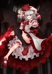 Rule 34 | 1girl, ascot, bat wings, black thighhighs, bridal garter, convenient leg, fang, frills, full body, gradient background, hat, hat ribbon, looking down, mary janes, mob cap, open mouth, pointing, pointing at viewer, puffy sleeves, red eyes, remilia scarlet, ribbon, shirt, shoes, short hair, short sleeves, silver hair, single thighhigh, skirt, skirt set, smile, solo, spear the gungnir, thighhighs, touhou, utakata (kochou no yume), wings, wrist cuffs