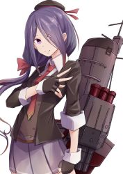 Rule 34 | 1girl, ariake (kancolle), black gloves, black hat, boushi-ya, clenched hand, closed mouth, fingerless gloves, gloves, hair over one eye, hair ribbon, hat, jacket, kantai collection, long hair, low-tied long hair, necktie, pleated skirt, purple eyes, purple hair, red necktie, ribbon, rigging, simple background, skirt, solo, white background