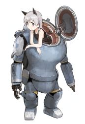 Rule 34 | 1girl, animal ears, armor, bad id, bad pixiv id, blue eyes, blush, crossed arms, eila ilmatar juutilainen, grey hair, kylin, long hair, maschinen krieger, mecha, power armor, robot, safs, smile, solo, strike witches, tail, tank top, world witches series