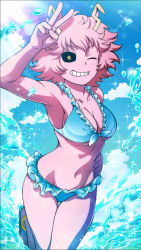 Rule 34 | 10s, 1girl, ;d, absurdres, ashido mina, beach, bikini, blush, boku no hero academia, breasts, cleavage, cloud, colored skin, female focus, frilled bikini, frills, game cg, highres, large breasts, official art, one eye closed, open mouth, partially submerged, pink hair, pink skin, sky, smile, solo, summer, swimsuit, v, water