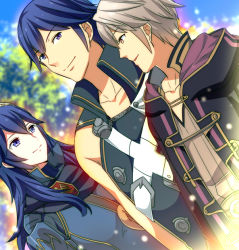 Rule 34 | 1girl, 2boys, :d, ameno (a meno0), bad id, bad pixiv id, blue eyes, blue hair, blue sky, blurry, blurry background, brown eyes, chrom (fire emblem), collarbone, day, dutch angle, eye contact, fire emblem, fire emblem awakening, long hair, looking at another, lucina (fire emblem), multiple boys, nintendo, open mouth, outdoors, robin (fire emblem), robin (male) (fire emblem), silver hair, sky, sleeveless, smile