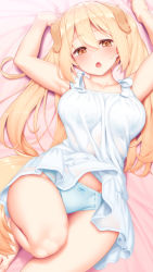 Rule 34 | 1girl, :o, animal ears, armpits, arms up, barefoot, bed sheet, blonde hair, blue panties, blush, bow, bow panties, breasts, collarbone, commentary request, dog ears, dog girl, dress, hair between eyes, highres, large breasts, long hair, looking at viewer, lying, on back, orange eyes, original, panties, sleeveless, sleeveless dress, solo, tachimi (basue), twintails, underwear, white dress