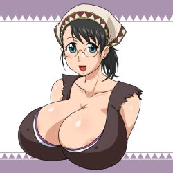 Rule 34 | 1girl, areola slip, black hair, blue eyes, breasts, cattleya (queen&#039;s blade), cleavage, female focus, goriate, huge breasts, open mouth, queen&#039;s blade, solo, sweat, white background