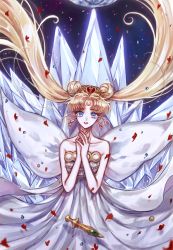 Rule 34 | 1girl, bad id, bad pixiv id, bishoujo senshi sailor moon, blonde hair, blue eyes, crescent, crescent facial mark, crystal, dagger, double bun, dress, earrings, facial mark, forehead mark, gem, jewelry, knife, long hair, neo queen serenity, own hands together, pagaraga, petals, solo, strapless, strapless dress, tiara, tsukino usagi, twintails, weapon, white dress