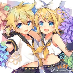 Rule 34 | 1boy, 1girl, arm around shoulder, arm warmers, bare shoulders, black collar, black shorts, blonde hair, blue eyes, bow, brother and sister, collar, commentary, crop top, date pun, dated, good twins day, hair bow, hair ornament, hairclip, holding, holding pom poms, kagamine len, kagamine rin, leeannpippisum, looking at viewer, midriff, navel, neckerchief, necktie, number pun, open mouth, pom pom (cheerleading), pom poms, sailor collar, school uniform, shirt, short hair, short ponytail, short sleeves, shorts, siblings, side-by-side, sleeveless, sleeveless shirt, smile, spiked hair, swept bangs, twins, twitter username, upper body, vocaloid, white bow, white shirt, yellow neckerchief