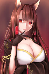 Rule 34 | 1girl, akagi (azur lane), animal ears, azur lane, black gloves, black hair, breasts, cleavage, commentary request, empty eyes, fox ears, gloves, hands on own cheeks, hands on own face, japanese clothes, large breasts, long hair, looking at viewer, red eyes, smile, solo, tapisuke, upper body, yandere