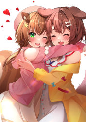 Rule 34 | 2girls, :d, ;d, absurdres, animal ear fluff, animal ears, ayunda risu, ayunda risu (1st costume), bare shoulders, blush, bone hair ornament, brown hair, cardigan, dog ears, dog girl, dog tail, dress, facing viewer, fangs, from side, green eyes, hair ornament, hat, heart, highres, hololive, hololive indonesia, hug, inugami korone, inugami korone (1st costume), jacket, leaf hair ornament, long hair, long sleeves, looking at viewer, looking to the side, multiple girls, nail polish, off shoulder, one eye closed, open clothes, open jacket, open mouth, pink cardigan, simple background, skin fangs, smile, squirrel ears, squirrel girl, squirrel tail, tail, takumin dx, virtual youtuber, white background, white dress, yellow jacket, yellow nails