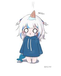 Rule 34 | 1girl, :d, artist name, blue hair, blue hoodie, blush stickers, chibi, crying, crying with eyes open, fins, fish tail, food, full body, gawr gura, hair ornament, highres, hololive, hololive english, hood, hood down, hoodie, ice cream, long sleeves, looking at viewer, multicolored hair, o o, open mouth, ota728, shadow, shark girl, shark hair ornament, shark tail, smile, solo, standing, streaked hair, tail, tears, triangle mouth, virtual youtuber, white background, white hair