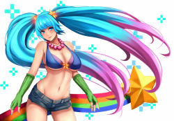 Rule 34 | &gt;:), 1girl, alternate costume, arcade sona, bad id, bad pixiv id, bare shoulders, bead necklace, beads, bikini, bikini top only, blue bikini, blue eyes, blue hair, breasts, cleavage, collarbone, cowboy shot, elbow gloves, female focus, fingerless gloves, floating hair, gloves, gradient hair, green gloves, groin, hair ornament, head tilt, jewelry, large breasts, league of legends, long hair, long twintails, looking at viewer, matching hair/eyes, multicolored hair, nail polish, navel, necklace, pants, parted lips, pink hair, purple hair, rainbow, short shorts, shorts, simple background, smile, solo, sona (league of legends), standing, star (symbol), star hair ornament, stomach, swimsuit, twintails, v-shaped eyebrows, very long hair, white background, yashichii