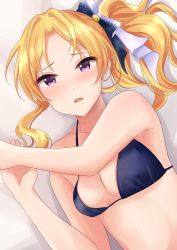 Rule 34 | 1girl, :o, absurdres, bare legs, bare shoulders, bikini, black bikini, black bow, blonde hair, blush, bow, breasts, cleavage, collarbone, from above, hair bow, halterneck, highres, idolmaster, idolmaster cinderella girls, kiryu tsukasa (idolmaster), lavender bow, looking at viewer, medium breasts, open mouth, parted bangs, ponytail, purple eyes, rrtp, solo, swimsuit, upper body