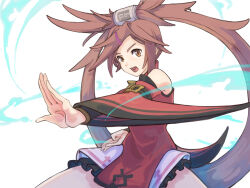 Rule 34 | 1girl, :d, bare shoulders, brown eyes, brown hair, china dress, chinese clothes, dress, guilty gear, guilty gear xrd, hair ornament, hanfu, kuradoberi jam, long hair, long sleeves, looking at viewer, ooiwa (irc14786149), open mouth, red dress, simple background, smile, solo, upper body, very long hair, white background