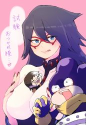 Rule 34 | 10s, 1girl, 2boys, :p, age difference, angry, between breasts, black hair, blue eyes, blush, bodysuit, boku no hero academia, grabbing another&#039;s breast, breasts, cleavage, closed eyes, collarbone, cuffs, dominatrix, domino mask, drooling, facing viewer, gloves, grabbing, grabbing own breast, hair between eyes, hand up, handcuffs, hands on own chest, hands up, heart, highres, japanese text, jealous, kanji, large breasts, leotard, long hair, looking at viewer, mask, midnight (boku no hero academia), mineta minoru, mole, mole under eye, multiple boys, nail polish, naughty face, open mouth, red nails, saliva, scarf, sero hanta, short hair, skin tight, sleeping, smile, speech bubble, spiked hair, spoken heart, talking, teacher and student, teeth, tongue, tongue out, translation request, upper body, very long hair, wide-eyed, yellow gloves, yellow scarf