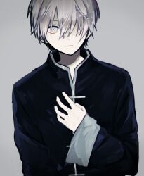 Rule 34 | 1boy, black shirt, bright pupils, chinese clothes, closed mouth, clothing request, commentary request, grey background, grey eyes, grey hair, hair over one eye, hand on own chest, long sleeves, mochiosamu ron, original, pale skin, shirt, short hair, simple background, solo, upper body, white pupils