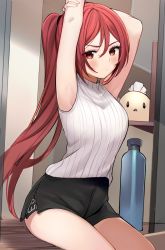 Rule 34 | 1girl, armpits, arms up, bare arms, black shorts, blush, bottle, breasts, hair between eyes, highres, long hair, looking at viewer, medium breasts, original, ponytail, red eyes, red hair, ry thae, shorts, sitting, solo, thighs