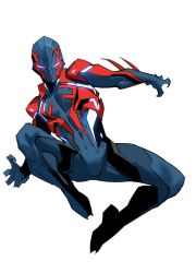 Rule 34 | 1boy, armor, blue eyes, commentary, dan mora, english commentary, floating, glowing, glowing eyes, highres, looking at viewer, male focus, marvel, open hands, redesign, solo, spider-man (2099), spider-man (series), superhero costume, tokusatsu, white background
