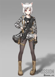 1girl absurdres ammunition_pouch animal_ear_fluff animal_ears artist_name assault_rifle black_bra black_gloves boots bra breasts brown_footwear brown_gloves brown_pantyhose brown_vest buckle bullpup camouflage camouflage_helmet camouflage_jacket camouflage_shorts cat_ears cat_girl cleavage closed_mouth combat_boots commentary commission cross-laced_footwear english_commentary eotech expressionless flower_hairpin full_body gloves goggles gradient_background green_eyes grey_background gun gun_sling handgun helmet highres holding holding_helmet holding_weapon holster jacket lace lace-up_boots lace_bra load_bearing_equipment logo long_sleeves m1911 magazine_(weapon) medium_breasts mikhail_n762 optical_sight original pantyhose paw_hairpin pouch product_placement rifle shadow short_hair short_shorts shorts simple_background sleeves_rolled_up snap-fit_buckle solo thigh_holster trigger_discipline twitter_username two-tone_gloves underwear unworn_goggles unworn_headwear unworn_helmet updo urban_camouflage vest vhs-d2 watermark weapon white_hair white_straps