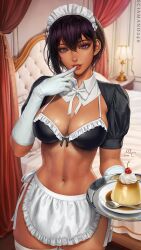 Rule 34 | 1girl, abs, apron, bed, bikini, blurry, blurry background, breasts, cake, cherry, cleavage, curvy, dark-skinned female, dark skin, finger to mouth, food, fruit, highres, large breasts, lilith (saikin yatotta maid ga ayashii), looking at viewer, maid, maid apron, maid bikini, maid headdress, mole, mole under eye, navel, plate, pudding, purple eyes, purple hair, realistic, saikin yatotta maid ga ayashii, sciamano240, short hair, smile, solo, spoon, swimsuit, thighhighs, toned, tongue, tongue out, unconventional maid, whipped cream, white thighhighs, wide hips