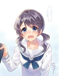 Rule 34 | 1girl, bad id, bad nicoseiga id, black hair, blank speech bubble, blush, collarbone, commentary request, crying, crying with eyes open, long sleeves, looking at viewer, nekozuki yuki, open mouth, original, purple eyes, school uniform, serafuku, solo focus, speech bubble, tears, twintails, uniform, upper body, wavy mouth