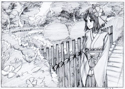 Rule 34 | 1girl, black border, border, bow, bush, closed mouth, dated, fence, flower, graphite (medium), greyscale, hair flower, hair ornament, hakama, hakama skirt, hieda no akyuu, highres, japanese clothes, key frame, long sleeves, makicha (sasurainopink), monochrome, outdoors, own hands together, path, road, scan, skirt, smile, solo, standing, touhou, traditional media, tree