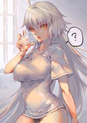 Rule 34 | 1girl, ahoge, bad id, bad pixiv id, breasts, commentary request, cowboy shot, cup, day, drinking glass, fate/grand order, fate (series), grey background, hair between eyes, highres, holding, holding cup, jeanne d&#039;arc (fate), jeanne d&#039;arc alter (avenger) (fate), jeanne d&#039;arc alter (fate), jigenn, large breasts, light rays, long hair, panties, shirt, silver hair, sunbeam, sunlight, t-shirt, underwear, window, yellow eyes