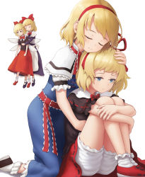 Rule 34 | 3girls, alice margatroid, anidante, ankle socks, apron, black footwear, black shirt, blonde hair, bloomers, blue dress, blue eyes, bow, bowtie, capelet, chin rest, commentary, dress, expressionless, fairy wings, floating, hair ribbon, hairband, hand on another&#039;s chest, hand on another&#039;s head, head on head, head rest, highres, hug, hug from behind, hugging own legs, jitome, kneeling, knees to chest, long hair, long sleeves, looking to the side, medicine melancholy, multiple girls, neck ribbon, puffy short sleeves, puffy sleeves, red footwear, red neckwear, red skirt, ribbon, sash, shanghai doll, shirt, short hair, short sleeves, simple background, sitting, skirt, smile, socks, su-san, swept bangs, touhou, underwear, very long hair, waist apron, white background, white capelet, white legwear, white shirt, wings
