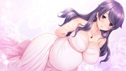 Rule 34 | 1girl, :&gt;, arms behind back, bare shoulders, blush, boku mama x tomo mama koukan hameppu life, breasts, brown eyes, cleavage, closed mouth, dress, earrings, female focus, game cg, jewelry, large breasts, long hair, looking at viewer, makino ayako, necklace, original, pearl necklace, pregnant, purple hair, simple background, smile, solo, standing, un equals shokutarou, wedding dress