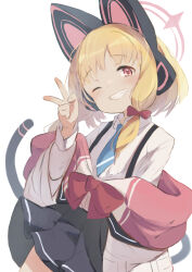 Rule 34 | 1girl, animal ear headphones, animal ears, blonde hair, blue archive, blue necktie, blush, bow, cat ear headphones, clenched teeth, commentary request, fake animal ears, fake tail, grin, hair bow, halo, headphones, highres, jacket, looking at viewer, momoi (blue archive), mote max, necktie, partial commentary, pink halo, red bow, red eyes, shirt, short hair, simple background, smile, solo, tail, teeth, v, white background, white jacket, white shirt