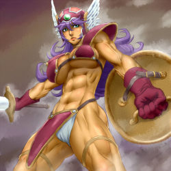 Rule 34 | 1girl, abs, armor, bikini armor, blue eyes, breasts, chunsoft, cleavage, dragon quest, dragon quest iii, dynamite-kit, enix, gloves, large breasts, legs, long hair, muscular, purple hair, soldier (dq3), solo, sword, thighs, veins, weapon