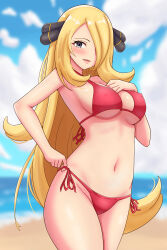 Rule 34 | 1girl, absurdres, beach, bikini, blonde hair, blue sky, breasts, cloud, commentary request, creatures (company), cynthia (pokemon), day, game freak, grey eyes, hair ornament, hair over one eye, highres, horizon, long hair, looking at viewer, maho (corotonton5150), nintendo, ocean, outdoors, partial commentary, pokemon, pokemon dppt, red bikini, side-tie bikini bottom, sky, solo, standing, swimsuit