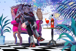 Rule 34 | 1girl, azur lane, checkered floor, from below, gloves, headgear, crossed legs, long hair, multicolored hair, open mouth, prinz eugen (azur lane), red gloves, silver hair, sitting, two-tone hair, yellow eyes