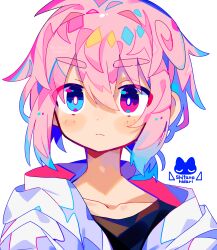 Rule 34 | 1boy, black shirt, blue eyes, bright pupils, closed mouth, commentary request, hair between eyes, heterochromia, highres, jacket, light frown, male focus, open clothes, open jacket, original, pink eyes, pink hair, portrait, raito-kun (uenomigi), shirt, short hair, simple background, solo, thick eyebrows, uenomigi, v-shaped eyebrows, white background, white jacket, white pupils