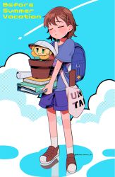 1other :o ake_blood alternate_sleeve_length ankle_socks aqua_background backpack bag blue_bag blue_shirt blush book brown_footwear charm_(object) chromatic_aberration clenched_teeth closed_eyes clothes_writing cloud commentary_request english_text flower flower_pot flowey_(undertale) frisk_(undertale) full_body green_eyes hair_behind_ear hair_between_eyes hair_ornament hat highres holding holding_book legs_apart open_mouth other_focus puddle purple_shirt purple_shorts reflection rolled_up_paper shirt short_hair short_sleeves shorts shoulder_bag simple_background socks standing striped_clothes striped_shirt sweat teeth two-tone_shirt u_u undertale white_bag white_hat white_socks yellow_flower