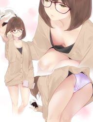 Rule 34 | 1girl, ama mitsuki, ass, bare legs, black-framed eyewear, blunt bangs, blush, bob cut, breasts, brown eyes, brown hair, cellphone, closed mouth, coffee cup, commentary request, cup, disposable cup, downblouse, dress, eyebrows hidden by hair, glasses, highres, holding, holding phone, leaning forward, long sleeves, multiple views, nipple slip, nipples, no bra, original, panties, pantyshot, phone, pink panties, short hair, simple background, sleeves past wrists, small breasts, smartphone, squatting, standing, sweater, sweater dress, underwear