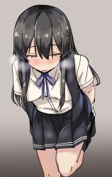 Rule 34 | 1girl, black hair, black skirt, black vest, blue ribbon, commentary request, cowboy shot, grey background, highres, kantai collection, leaning forward, long hair, looking at viewer, neck ribbon, oyashio (kancolle), pleated skirt, ribbon, school uniform, shirt, short sleeves, simple background, skirt, solo, standing, standing on one leg, vest, wasumi kei, white shirt