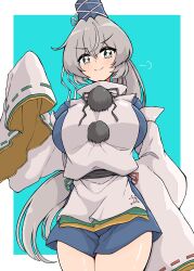 Rule 34 | 1girl, absurdres, blue background, blue dress, blue hat, blush, breasts, bright pupils, closed mouth, commentary request, cowboy shot, detached sleeves, dress, grey eyes, grey hair, gurajio, hair between eyes, hat, highres, japanese clothes, kariginu, large breasts, long hair, looking at viewer, mononobe no futo, pom pom (clothes), ponytail, ribbon-trimmed sleeves, ribbon trim, shiny skin, short dress, sleeves past fingers, sleeves past wrists, smile, solo, tate eboshi, touhou, two-tone background, v-shaped eyebrows, very long hair, white background, white pupils, white sleeves, wide sleeves