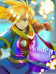 Rule 34 | 1boy, blonde hair, blue eyes, cape, gloves, golden sun, konpei, looking at viewer, male focus, nintendo, punching, isaac (golden sun), scarf, short hair, simple background, smile, solo, super smash bros.